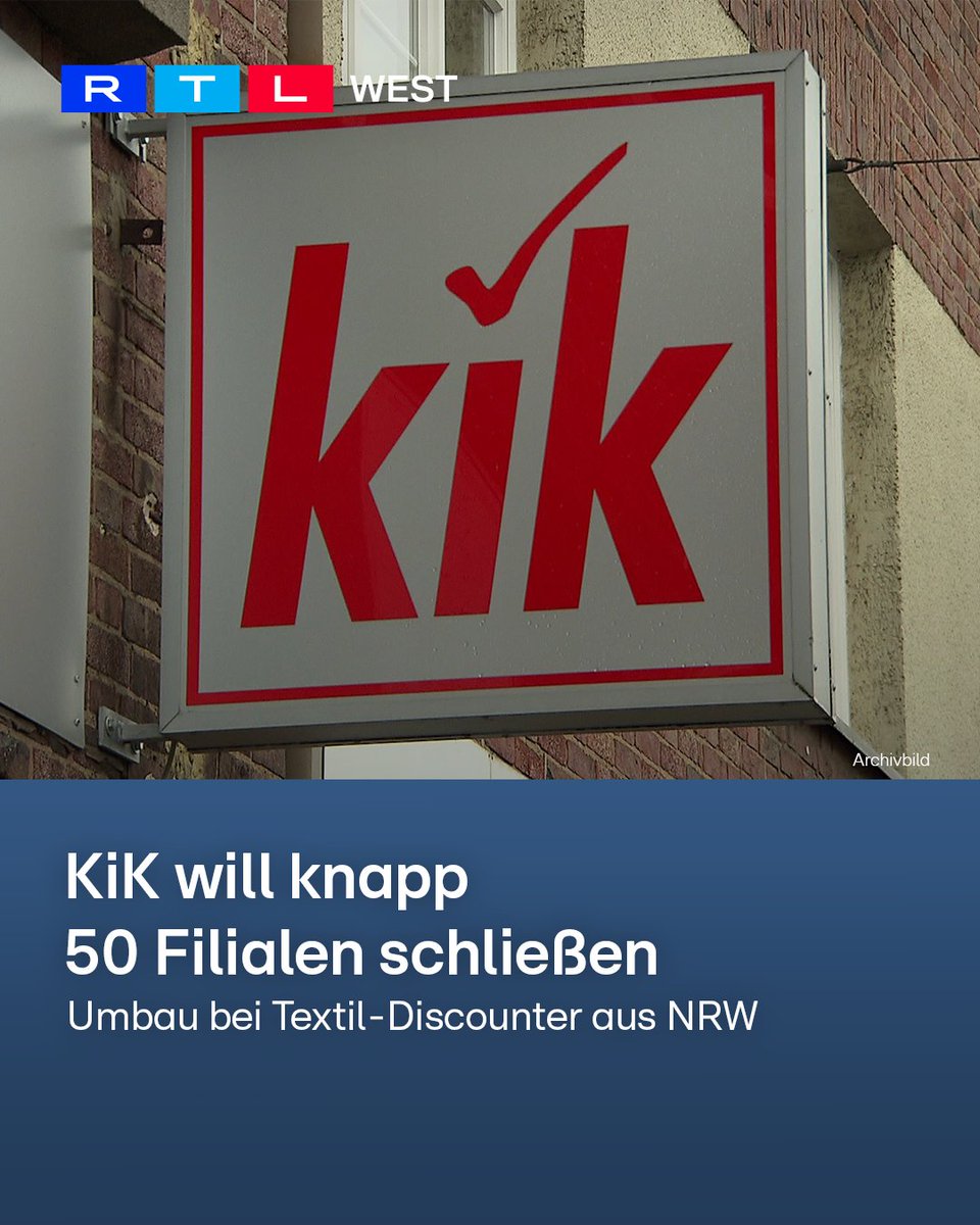 RTLWEST's tweet image. Der Textil-Discounter #KiK mit Sitz in #Bönen (Kreis Unna) plant einen deutlichen Umbau seines Filialnetzes. Im ersten Quartal 2026 sollen rund 50 Standorte schließen. Das berichtet die Lebensmittel Zeitung unter Berufung auf Unternehmenskreise. Etwa die Hälfte der betroffenen