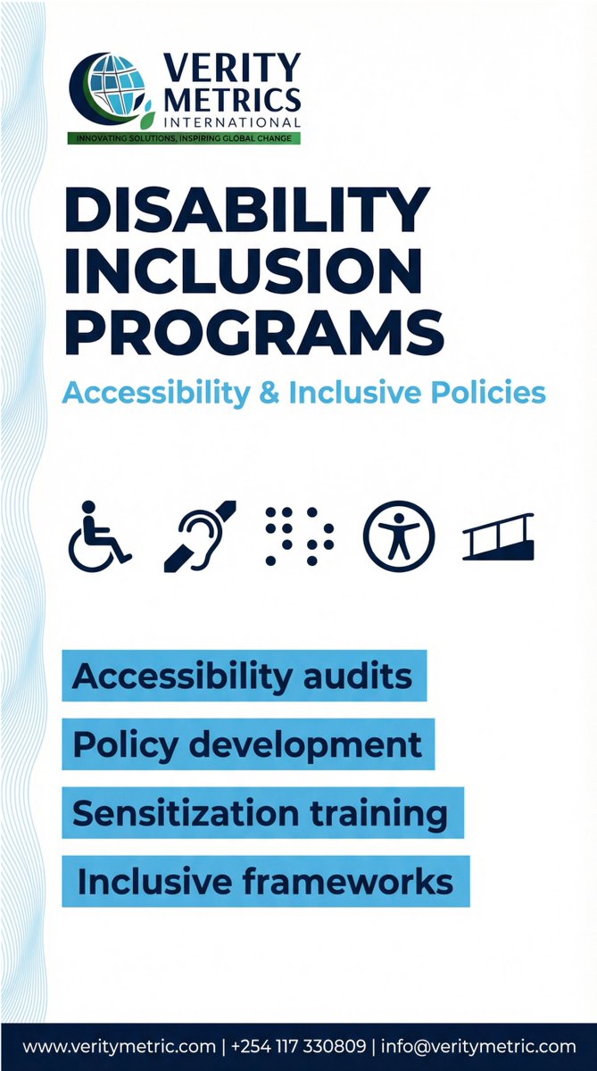 VerityMetrics's tweet photo. Building accessible, inclusive programs for all. From accessibility audits to policy development and sensitization training, we create frameworks that ensure no one is left behind.
#VerityMetrics #DisabilityInclusion #Accessibility #InclusivePrograms #Inclusion #VMIL https://t.co/CwBQZ5A8t6