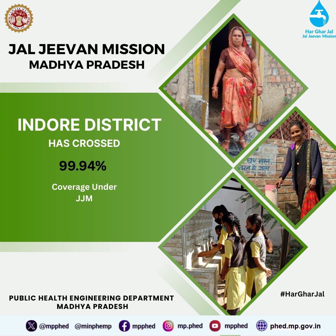 #Indore District! 🚰 have crossed over 99% coverage under the #JalJeevanMission (JJM)! This milestone brings us closer to ensuring safe and adequate drinking water for every household. 💧 #JalJeevanMission #Indore #WaterForAll"