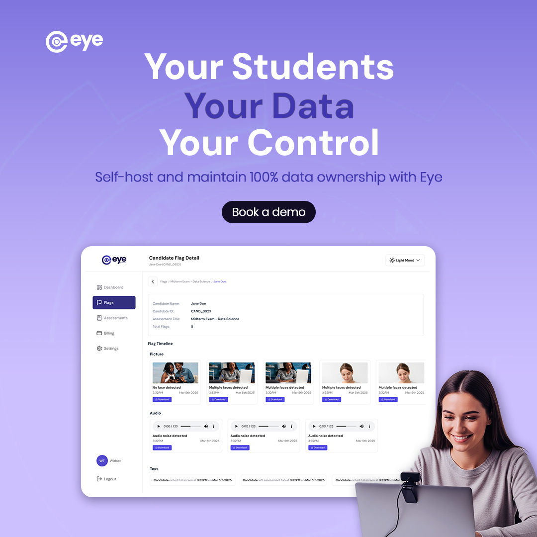 eyeproctor's tweet photo. Traditional proctoring has a transparency problem.

Eye was built to fix that, giving you the option to self-host and maintain 100% data ownership.

No vendor lock-in. No transparency gaps. Just secure, ethical assessments. https://t.co/C2dpcQkTlW