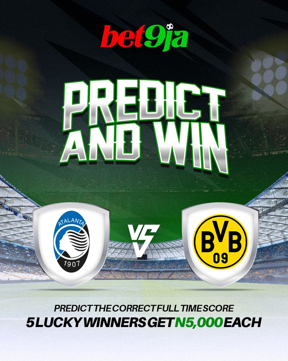 Bet9jaOfficial's tweet photo. Predict the correct full-time score & share your Bet9ja ID for a chance to win ₦5k🤑
📌 1 entry per person & any entry after kick-off will not be counted ❌
🏆 5 random winners will be selected, but you must:
✅ Correctly predict the score
✅ Follow @Bet9jaOfficial 

📺 Winners will be announced every Monday following the match on Monday Night Football 🔥

📡 Channel 203 on DSTV | 7PM Nigerian Time

Get your predictions in now! ⚽🔥