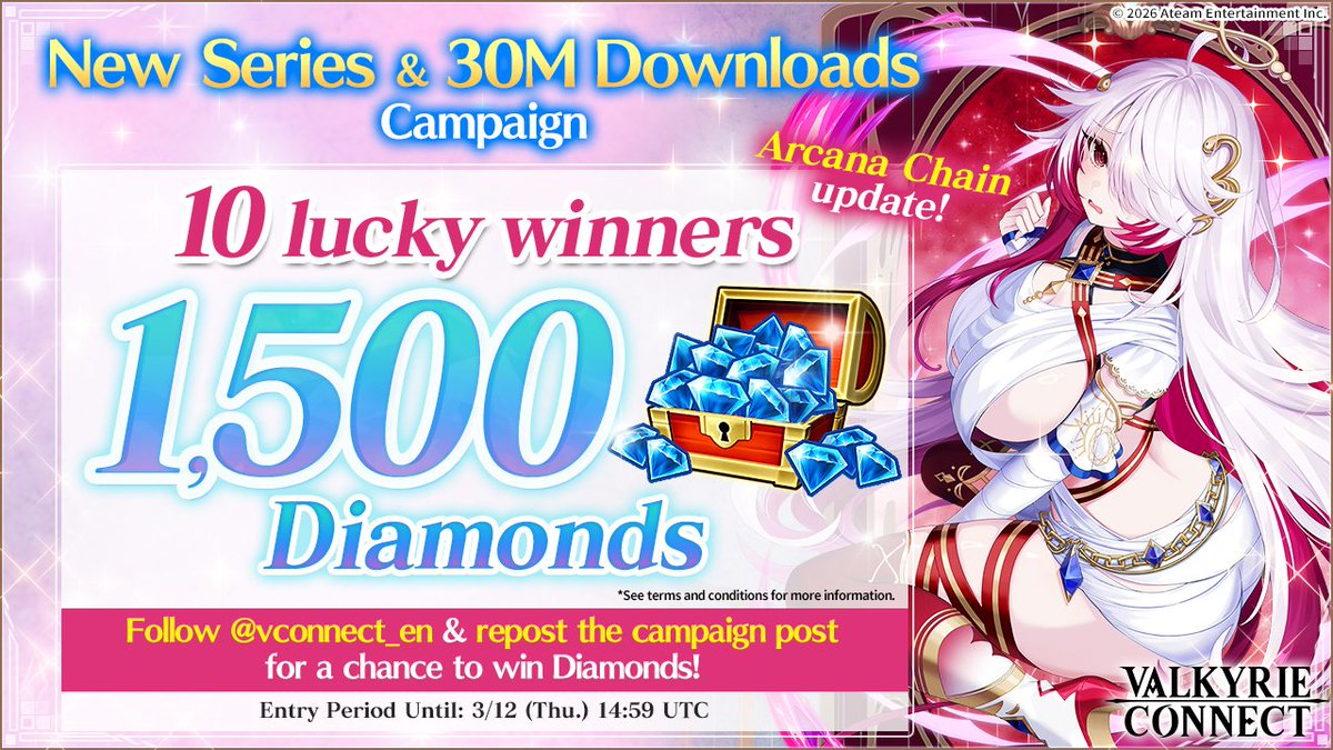 vconnect_en's tweet photo. ／
New Series &amp; 30M Downloads Campaign🌟
＼

10 lucky winners get 1,500 Diamonds🎁💎

★Entry★
1⃣  Follow @vconnect_en
2⃣  Repost this post🔃

⚠Until 3/12 (Thu.) 14:59 UTC
More info👉https://t.co/jTcwtLzXDt

#ValkyrieConnect https://t.co/LXE5PA3u9E