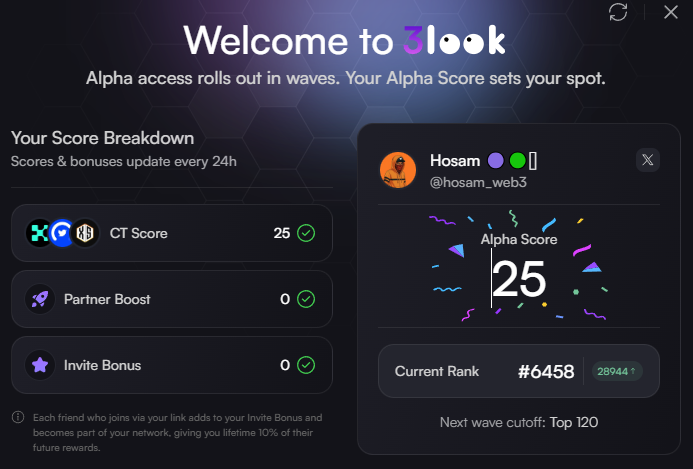 hosam_web3's tweet photo. I found that my account is ranked 6458 on @3look_io 

Our efforts at infofi have not been in vain
You can also get an OG box before it's too late

The link is https://t.co/8EGBlxPtGK https://t.co/EEiKPACnbD