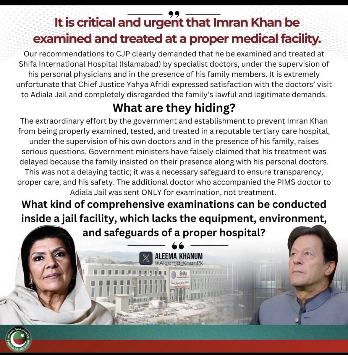 justiceoflord's tweet image. ⚠️ Urgent: Pakistan Violates Mandela Rules &amp;amp; ICCPR in Imran Khan’s Detention!!!

🚨#Pakistan, as a signatory to the 

@UN #Mandela #Rules and 

#ICCPR(Arts.7 &amp;amp;10), 

must be held #accountable for serious human rights concerns regarding @ImranKhanPTI including humane treatment,