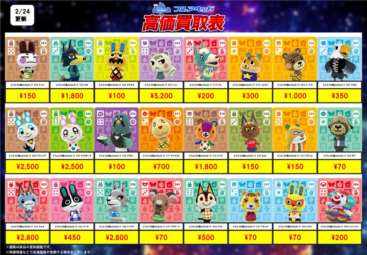 💥買取更新情報💥】 🐶どうぶつの森amiiboカード🐱 2/28までの買取表