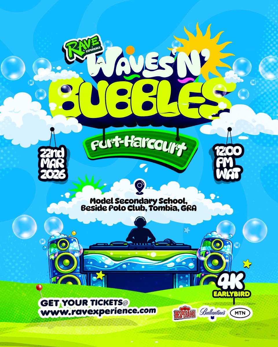 ravechatterbox's tweet photo. Rave Experience Port Harcourt WAVES ‘N’ BUBBLES — Official Venue, Tickets on Sale🚨📌

On March 22nd, Rave Experience WAVES ‘N’ BUBBLES takes over Model Secondary School (beside Polo Club) GRA, for a full day of water vibes, wild energy, and nonstop music 💃🏽🕺🏽🍾

Come for the waves, the bubbles, the vibes and the Dancefloor moments you won’t stop talking about. Tickets are moving already — don’t miss your chance to be part of something epic 🌊🔥

HURRY AND GRAB YOUR TICKETS NOW AT
👉🏽 https://t.co/oHHPDRrtpH

#RaveExperience
#RaveExperiencePH
#RaveWavesNBubbles