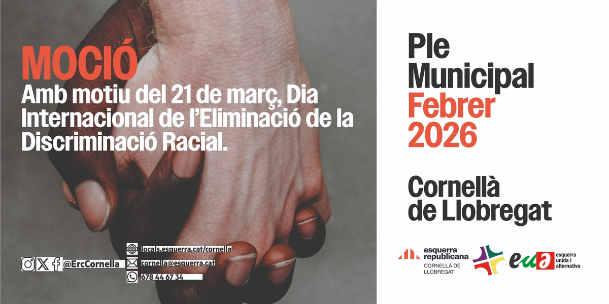 🏛️ Ple Municipal
📅 25/02/2026
🕔 17 h
📍 Sala de plens de l'Ajuntament
📲 youtube.com/@plenscornella…

📝 Entre altres, defensarem mocions amb motiu del 8M, Dia Internacional de la Dona Treballadora, així com del 21M, Dia Internacional per l'Eliminació de la Discriminació Racial.