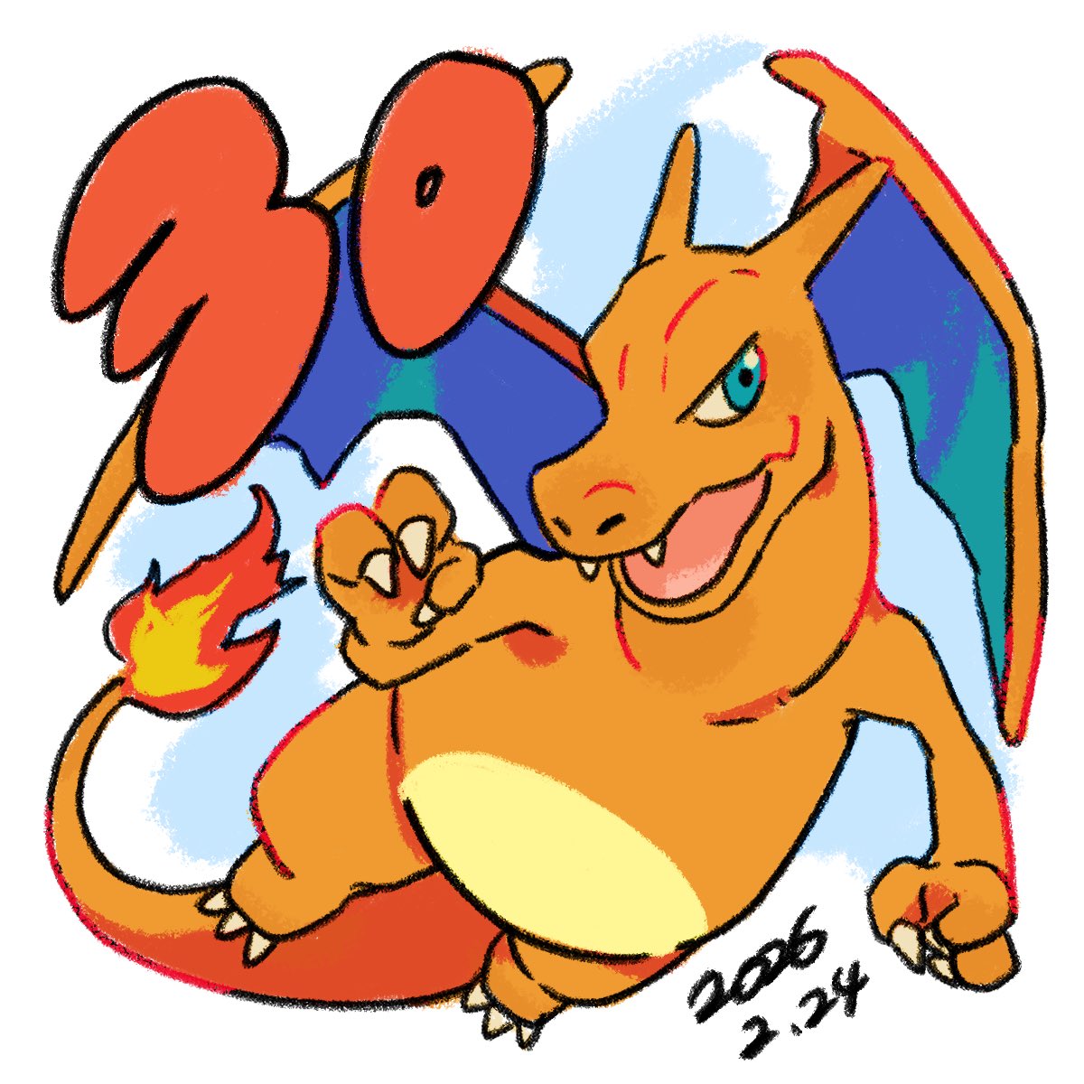 【ポケモン30周年ロゴ紹介🎊】

今日は『リザードン』！

個人的に思い出深いポケモン…🔥
意外とおなかがまんまるで、表情のかっこよさとのギャップがいいんだよな〜

フシギバナ、リザードンときたら明日は…！？お楽しみに😎

#ポケるんロゴ紹介