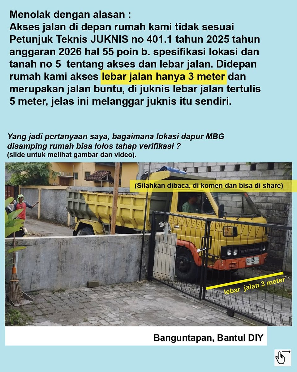 🚨 Sebuah Utas! 🚨

Warga Banguntapan, Bantul, berusaha MEMPERTAHANKAN HAKnya sebagai penghuni sebuah rumah dan MENOLAK adanya pembangunan kubangan lumpur (SPPG) di sebelah rumahnya persiss, karena JAUH DARI STANDAR YANG DITETAPKAN OLEH JUKNIS BGN.

🚨 Mohon Bantu Retweet 🚨