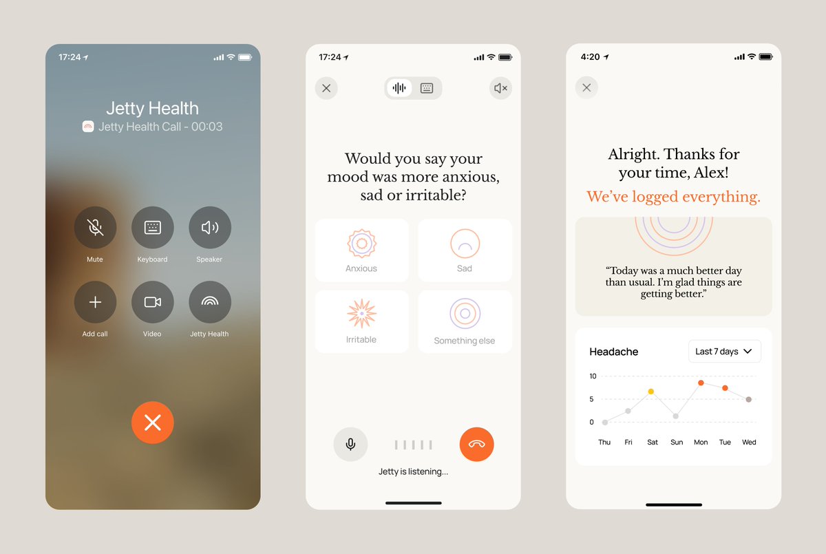 One of the core mechanisms of <a href="/Jettyhealth/">Jetty</a> is the daily check-in. Instead of relying on already busy people to remember to open an app, Jetty calls you (yes, you read that right) at a pre-defined time, to ask about your day.

Although this could feel disruptive, testing showed
