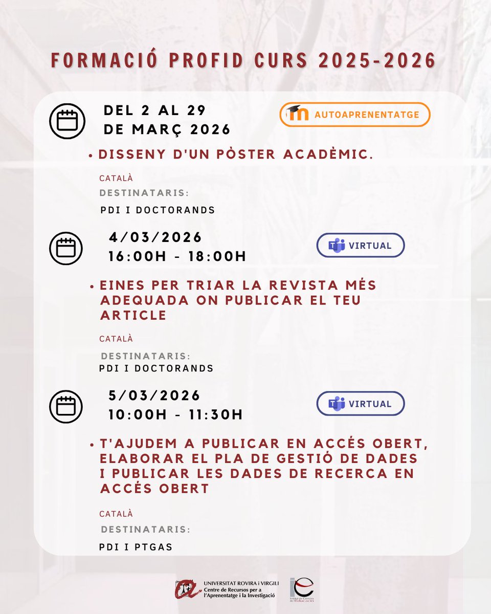 craiURV's tweet photo. 👀 Oferta de cursos del Pla de Formació de Personal Docent i Investigador.

👥Destinataris: PDI, Doctorands i PTGAS
📝: https://t.co/T39jbfBJky

#craiurv #formaciódusuaris #iceurv #profid https://t.co/BhEUBtGAd2