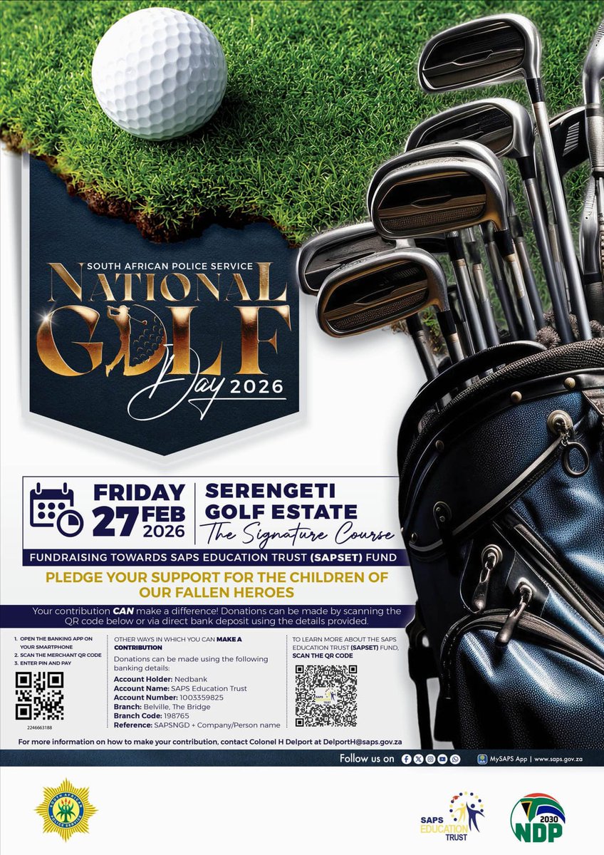 SAPoliceService's tweet image. #sapsHQ [MEDIA INVITATION] #SAPS to host its annual #NationalGolfDay to raise funds towards the educational needs of fallen heroes’ children. 

The Acting Minister of Police, Mr Firoz Cachalia and Deputy Ministers, Dr Polly Boshielo and Mr Cassel Mathale together with the