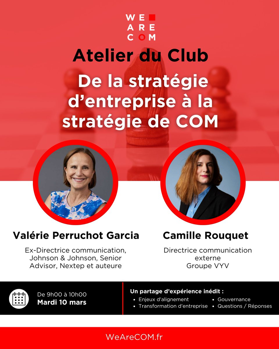 We_are_com's tweet photo. Stratégie d’entreprise d’un côté 👀 Stratégie de COM de l’autre 👀
Et au milieu ? Trop souvent… des frictions 😬

Parler d’une seule voix est un travail d’alignement, d’arbitrage, parfois de tension assumée entre le cap stratégique et son incarnation.

👉 Lors de ce prochain atelier du Club We Are COM, nous croiserons les regards de Camille Rouquet (Groupe VYV) et Valerie Perruchot Garcia, ex-Dircom et autrice de 𝘋𝘺𝘯𝘢𝘮𝘪𝘴𝘦𝘳 𝘴𝘢 𝘤𝘰𝘮𝘮𝘶𝘯𝘪𝘤𝘢𝘵𝘪𝘰𝘯 𝘪𝘯𝘵𝘦𝘳𝘯𝘦 (Dunod).

𝗔𝘂 𝗽𝗿𝗼𝗴𝗿𝗮𝗺𝗺𝗲 :
➡️ les choix structurants pour éviter le décalage entre vision et messages
➡️ les modèles d’organisation qui favorisent la cohérence
➡️ les arbitrages sensibles quand la stratégie évolue plus vite que les discours

Un atelier pour celles et ceux qui savent qu’une marque forte ne parle pas plus fort…elle parle juste, alignée, et dans la durée 💪🏻

📩 𝐕𝐨𝐮𝐬 𝐞̂𝐭𝐞𝐬 𝐦𝐞𝐦𝐛𝐫𝐞 𝐝𝐮 𝐂𝐥𝐮𝐛 ? L’invitation est dans votre boîte mail et sur l’agenda du Club 👉 https://t.co/NaYHwnYKvk

💡 𝐏𝐚𝐬 𝐞𝐧𝐜𝐨𝐫𝐞 𝐦𝐞𝐦𝐛𝐫𝐞 ? Bénéficiez d’une invitation découverte : https://t.co/PNNf1vZGpq