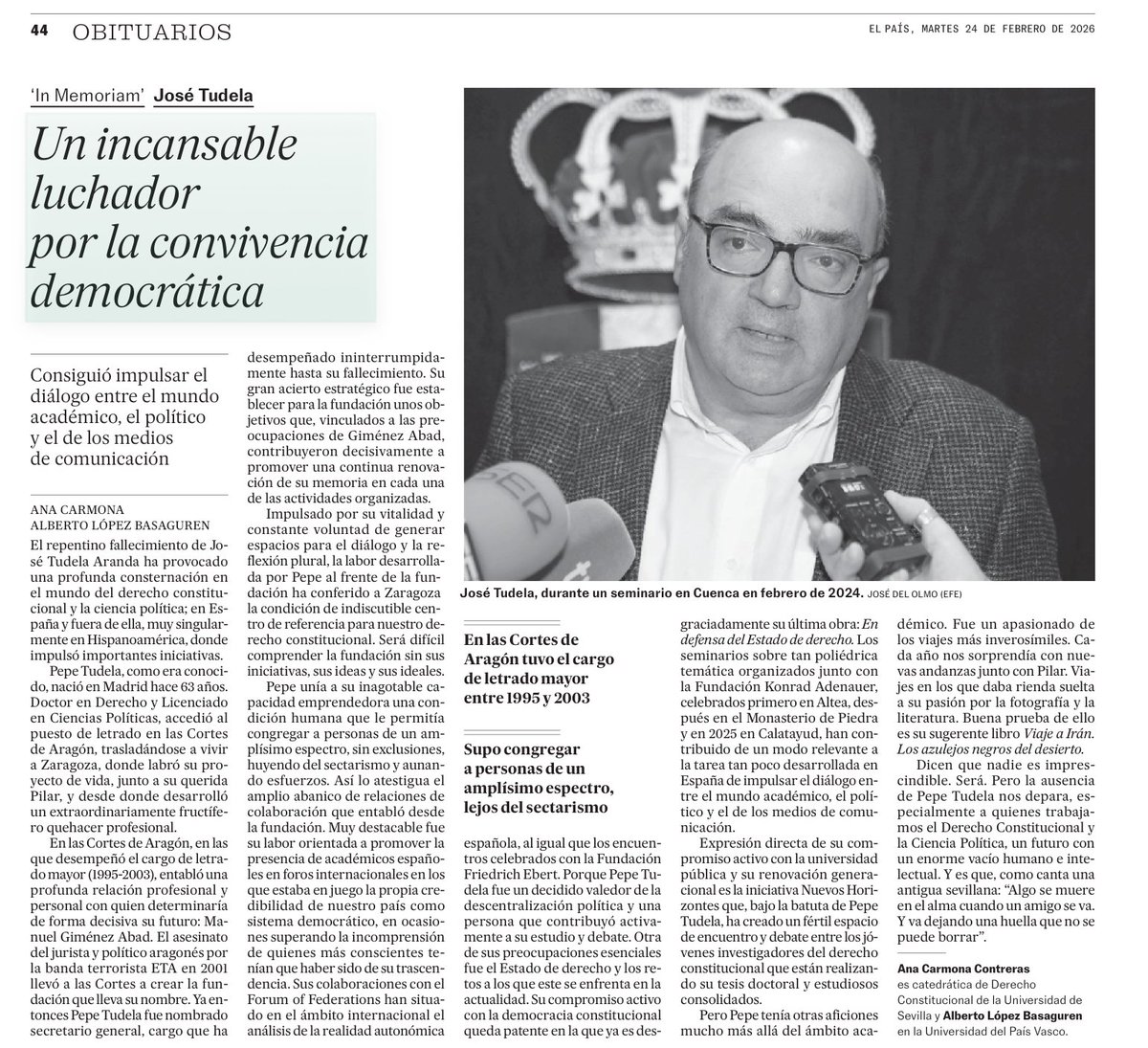 José Tudela, un incansable luchador por la convivencia democrática
<a href="/elpais_espana/">EL PAÍS España</a> <a href="/ACE_ACOES/">ACE_ACOES</a> 
Por 
Ana Carmona Contreras y Alberto López Basaguren

elpais.com/espana/2026-02…