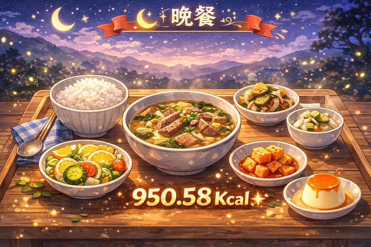 兔兔的萌萌食光🐰✨

🌙 晚餐

🍚 米饭 350 Kcal
🍲 牛肉煎饼汤饭 358.58 Kcal
🐚 凉拌海螺蔬菜 149.64 Kcal
🥒 黄瓜洋葱酱菜 28.17 Kcal
🍮 酸奶布丁 50 Kcal
🥬 石萝卜泡菜 14.4 Kcal

总热量 950.79 Kcal

#토토의몽몽식시간 
#DOYOUNG #도영