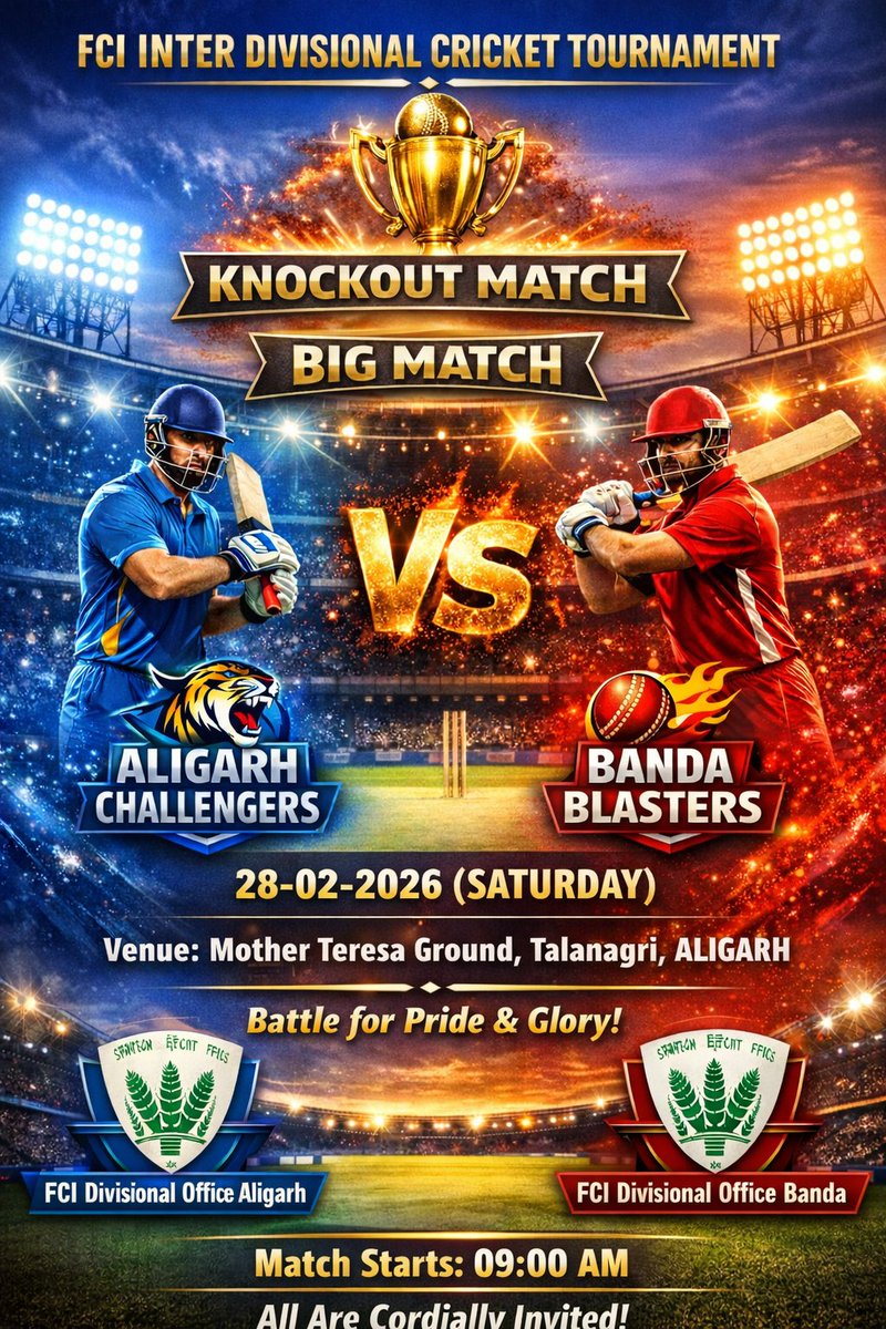 FCI Inter Divisional Knockout Match

 Aligarh Challengers 🆚  Banda Blasters
📅 28-02-2026 (Saturday)
📍 Mother Teresa Ground, Talanagri, Aligarh
⏰ 09:00 AM
Battle for Pride &amp; Glory! 🏆🔥