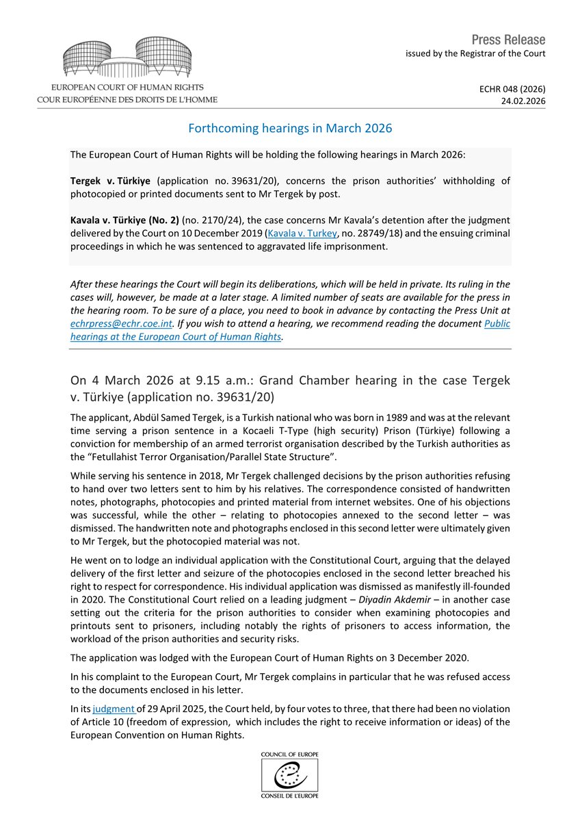 ECHR_CEDH's tweet image. Forthcoming hearings in March 2026
hudoc.echr.coe.int/app/conversion…
#ECHR #CEDH #ECHRpress