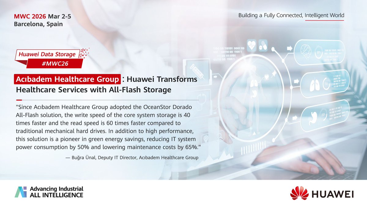 In a bold step toward digital hashtag#healthcare, Türkiye's Acıbadem Healthcare Group used Huawei #OceanStorDorado all-flash storage for stronger data infrastructure. This allows them to provide their patients across the world with the highest quality healthcare.

This is the