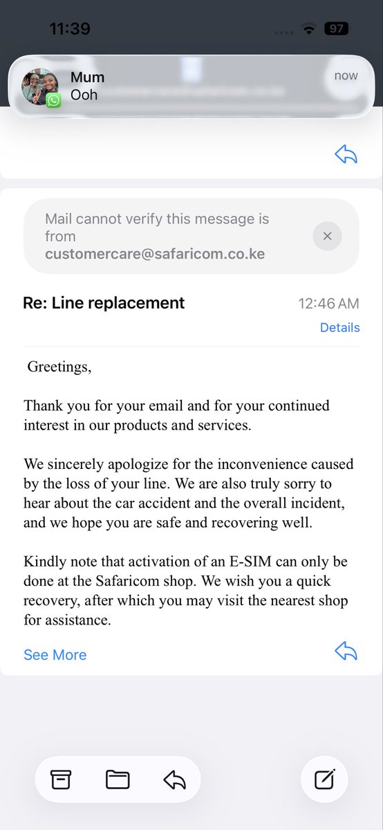 Gosh so I had a car accident, lost my husband, lost my phone, lost my mobility (I’m now bedridden) both legs broken can’t even sit on a wheelchair, how am I supposed to visit a saf shop to replace my line? <a href="/Safaricom_Care/">Safaricom Care</a> y’all told my mom to bring a doc note which you refused?