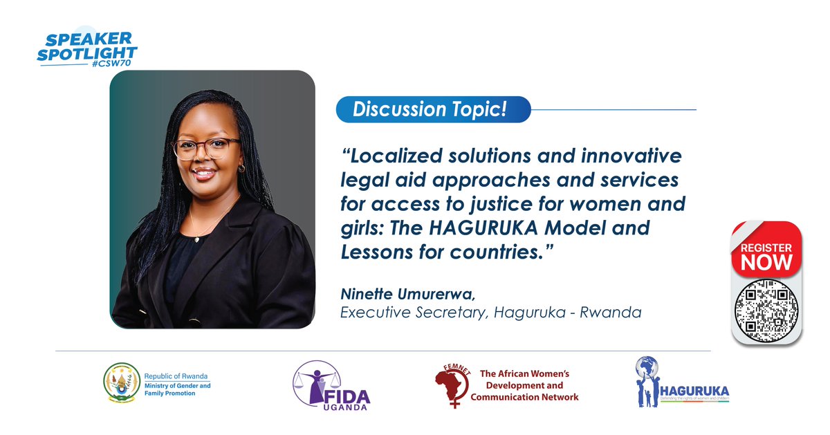 haguruka_ngo's tweet photo. 🎤 𝐏𝐚𝐧𝐞𝐥𝐢𝐬𝐭𝐬 𝐒𝐩𝐨𝐭𝐥𝐢𝐠𝐡𝐭 | #CSW70SideEvent
Our second panelist, Ninette Umurerwa, Executive Secretary of HAGURUKA, will discuss Localized solutions and innovative legal aid approaches and services for access to justice for women and girls.
🗓️ 𝗠𝗮𝗿𝗰𝗵 𝟭𝟯, 𝟮𝟬𝟮𝟲
⏲️ 𝟰:𝟰𝟱–𝟲:𝟬𝟬 𝗣𝗠 (𝗘𝗦𝗧)
📍 𝗨𝗡 𝗛𝗲𝗮𝗱𝗾𝘂𝗮𝗿𝘁𝗲𝗿𝘀, 𝗥𝗼𝗼𝗺 𝟴, 𝗡𝗲𝘄 𝗬𝗼𝗿𝗸
𝐑𝐄𝐆𝐈𝐒𝐓𝐄𝐑 𝐍𝐎𝐖: https://t.co/JS9veZjNdv
@FIDA_Uganda @RwandaGender @RwandaUN @FemnetProg
