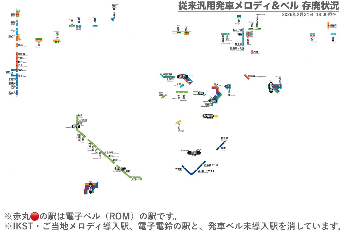 【従来汎用発車メロディ&amp;ベル 存廃状況】
2026.02.24 18:00現在

佐倉・酒々井・物井・都賀・五井・八幡宿・巌根・君津（・東千葉？）がIKSTに変更されました。

◯消滅
・蝶々のように
・ムーンストーン
・シーウィンド
・キッズステーション
・Verde Rayo V2
・Verde Rayo（標準遅テンポ）
・Verde