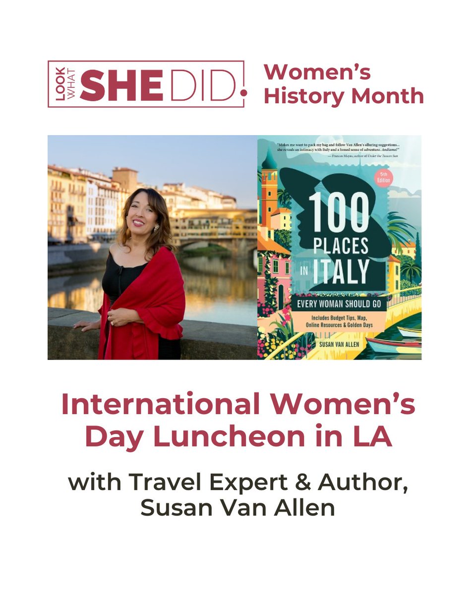 We’re honored to host our #InternationalWomensDay luncheon with Italy travel expert and author Susan Van Allen. Each guest will receive a signed copy of her award-winning book, "100 Places in Italy Every Woman Should Go." Join us on March 8 - tickets: bit.ly/LWSDMarch8