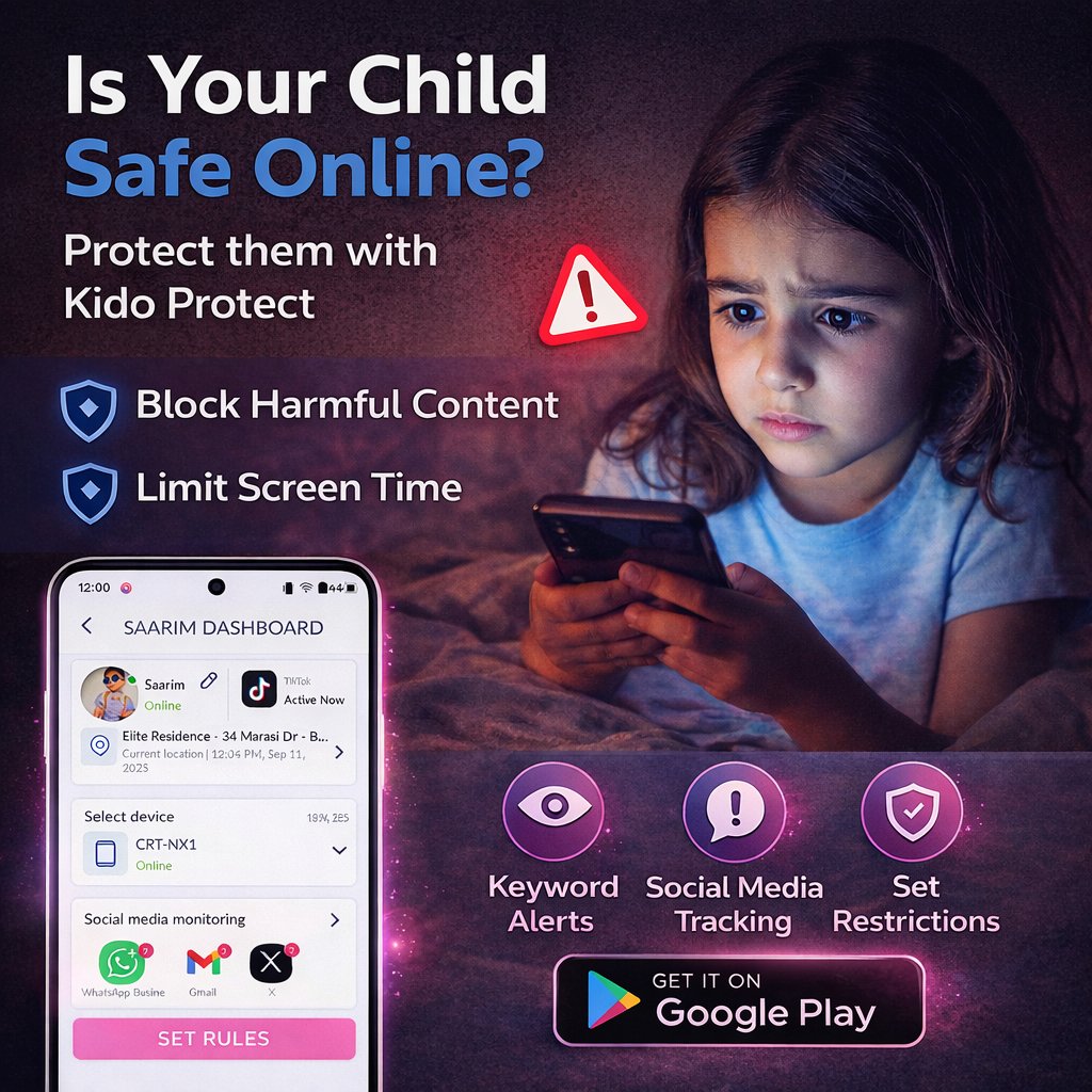KidoProtect's tweet photo. Is your child safe online? 🔐With Kido Protect, you can monitor social media, get keyword alerts, and set smart restrictions — all from one dashboard. Protect their digital world today.
Download now on Google Play.#KidoProtect #ParentalControl #OnlineSafety #DigitalParenting https://t.co/anrSiUp9X6