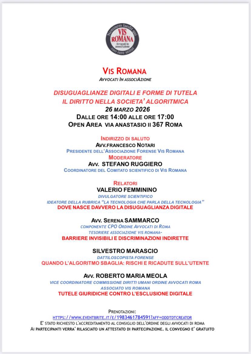 VisRomana's tweet photo. Il #Diritto nella #Società degli #algoritmi: ancora dell'#etica, strumento contro la disuguaglianza digitale. Il 26 marzo un’analisi necessaria su #rischi e #tutele perchè le #macchine non ci escludano senza appello. #Attualità impone #Competenza. Prenota: https://t.co/aiMM3yHeaP https://t.co/7vUuwiQ8MT