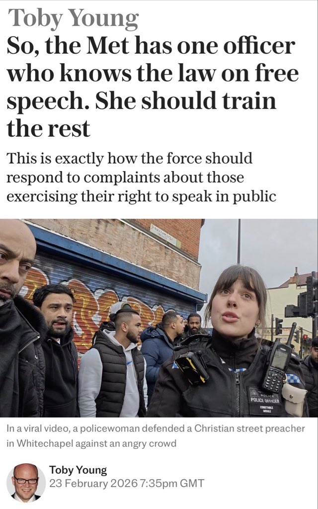 As a result of a short clip last weekend, we now know that at least one Met police officer understands the law on free speech. She should train the rest of them — and be given a medal.

A lone female Met police officer took on an angry group of Muslim men in Whitechapel and
