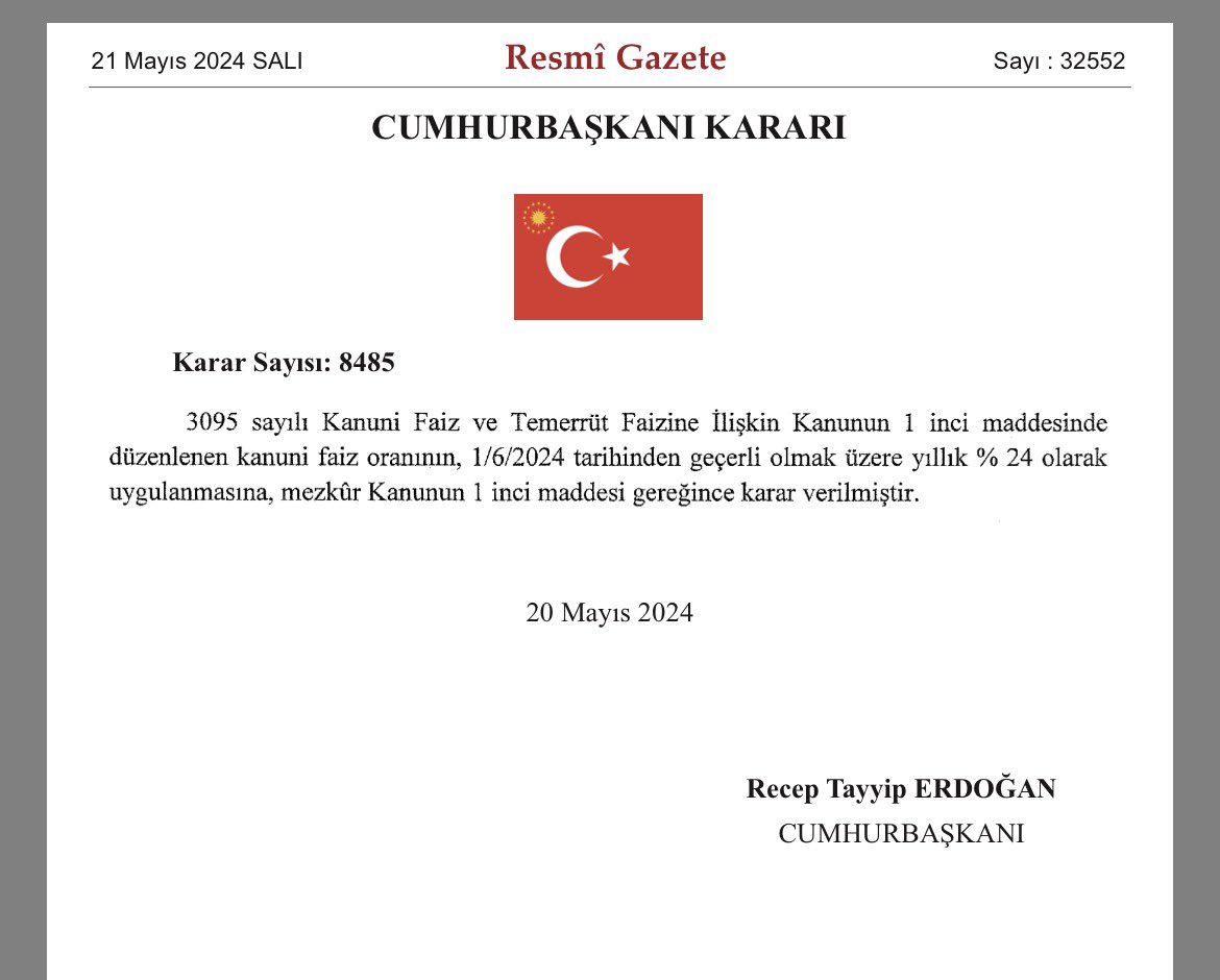 Cumhurbaşkanı Erdoğan’ın imzasıyla Kanuni Faiz Oranlarının yıllık %9’dan %24’e çıkarıldığını, aynı Erdoğan’ın her seçim döneminde “ben faize karşıyım, nas var nas” dediğini biliyor muydunuz?

21.05.2024 | 8485 sayılı Cumhurbaşkanı Kararı