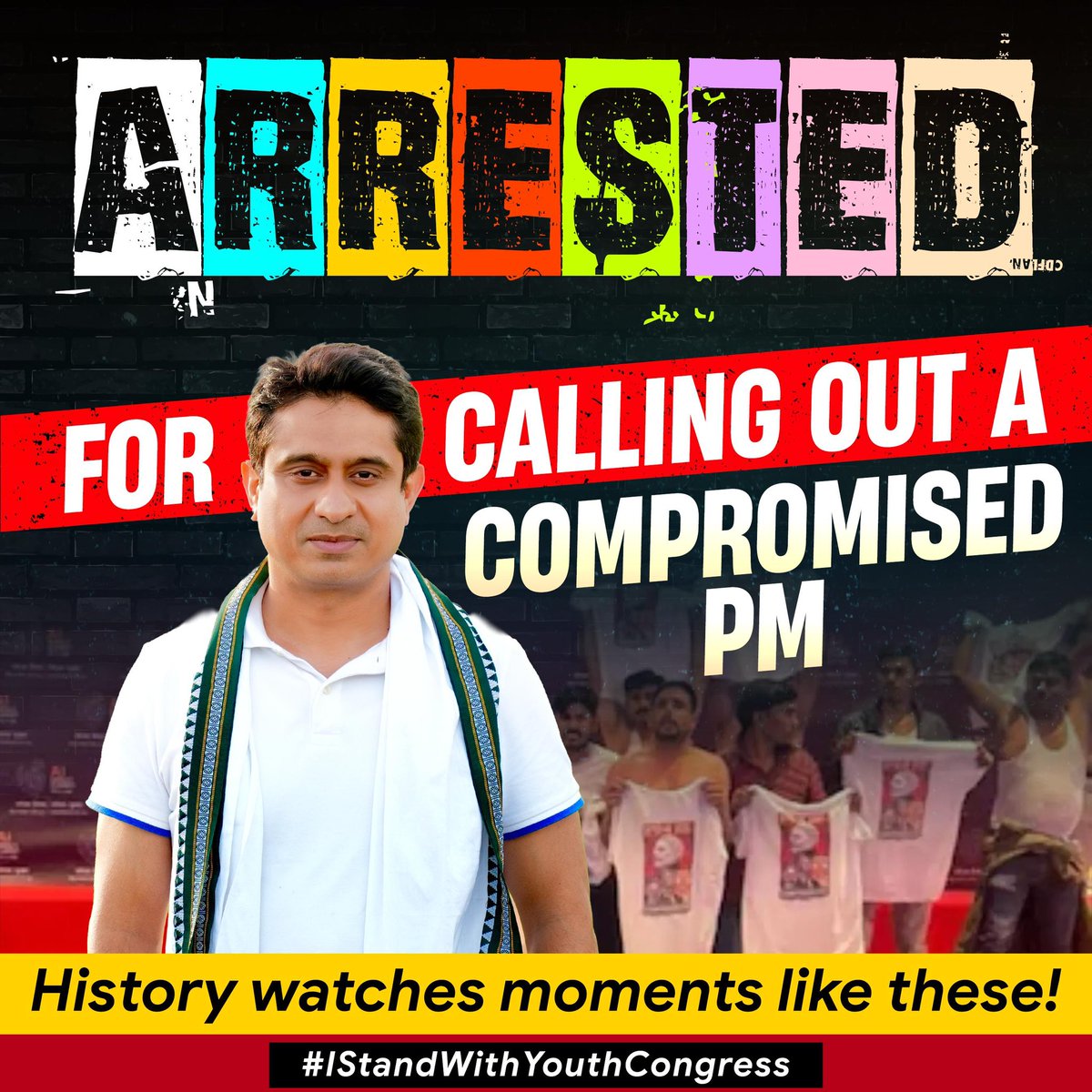 IYC's tweet photo. IYC President @UdayBhanuIYC was arrested for calling out a Compromised PM.

For demanding accountability. For standing up for farmers. For raising the concerns of unemployed youth.

History doesn’t forget moments like these, and it never forgets who stood firm. 🇮🇳✊
#IStandWithYouthCongress