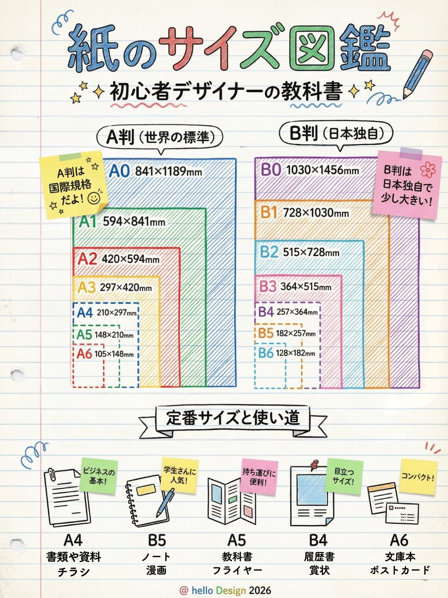 印刷系デザイナーのための
【紙サイズ図鑑】

これさえあれば、
大体確認できるはず！
基本的には以下のサイズを覚えておくと
イイと思います。

✅A5（小パンフレット）
✅A4（一番使う基本中の基本）
✅A3（小さめポスター、折り込みチラシ）
✅B4（雑誌、大きめチラシ）