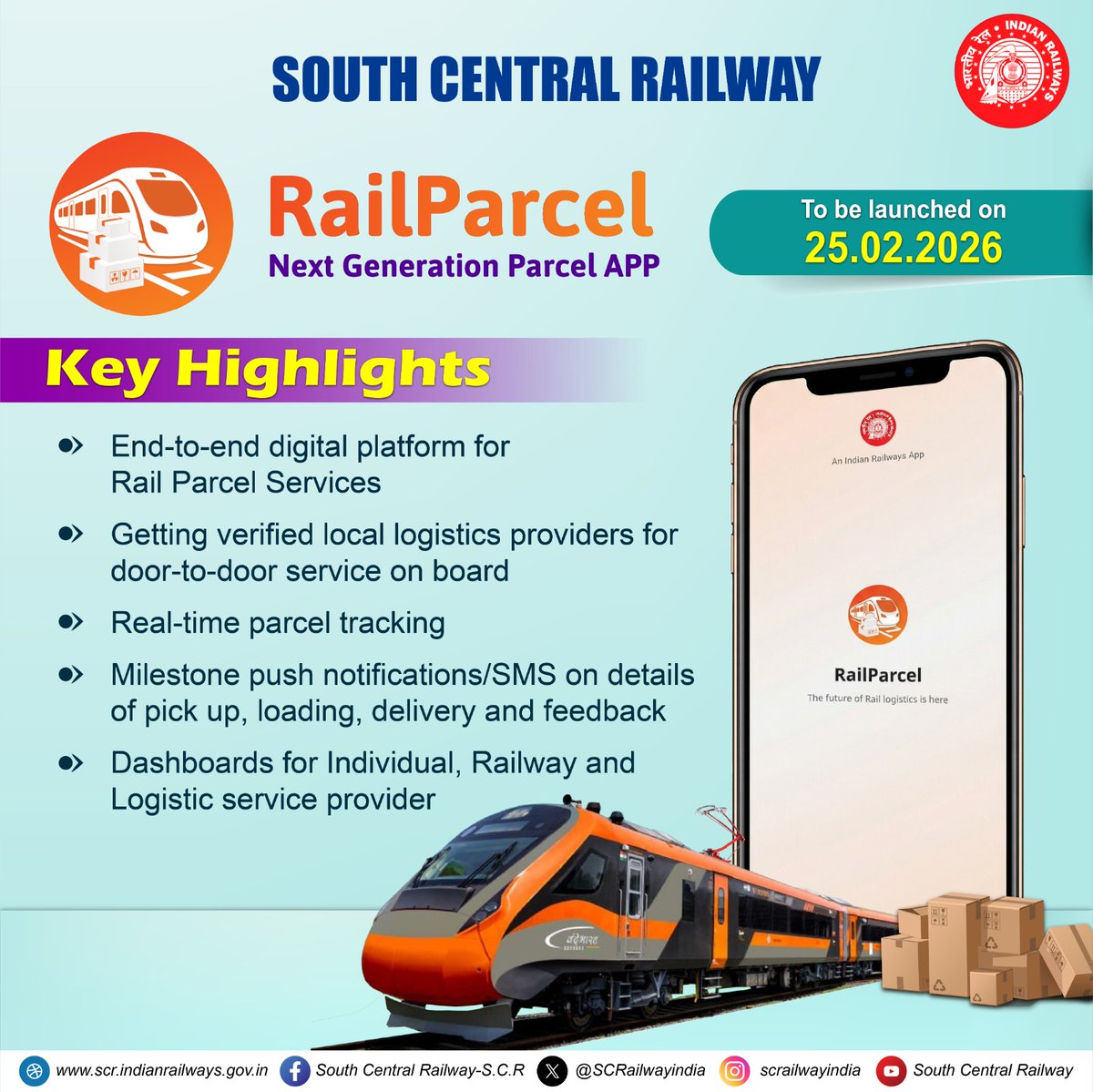 drmhyb's tweet photo. 🚆📦 RailParcel – Next Gen Parcel App
Launching on 25.02.2026!
✅ End-to-end digital booking
✅ Door-to-door service
✅ Real-time tracking & alerts
✅ Smart dashboards
Faster. Smarter. Seamless.
#RailParcel #DigitalRail #IndianRailways #SmartLogistics 🚄 https://t.co/gk2pi7eRe8