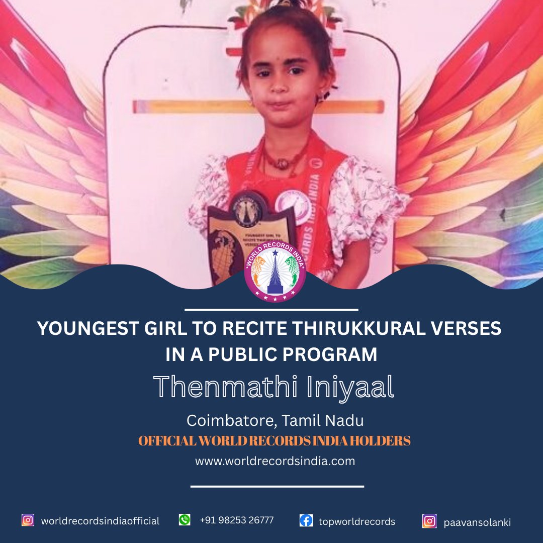 Thenmathi Iniyaal From Coimbatore, Tamil Nadu, this little prodigy confidently recited 5+ verses of the sacred Thirukkural in just 1.5 minutes on a public stage, showcasing flawless pronunciation, sharp memory, and remarkable confidence. #ThenmathiIniyaal #WorldRecordsIndia