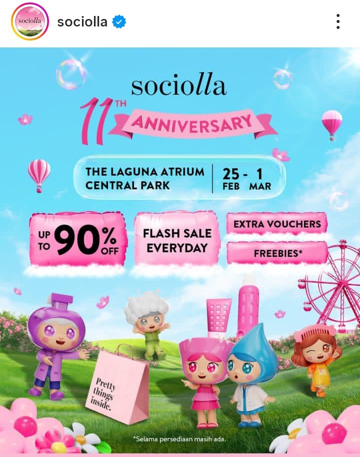 JANGAN SAMPE KELEWATAN GUYS👊😭 

Sociolla edisi Anniversary ke-11 khusus payday diskon up to 90% tanpa minimal belanja dan untuk onlineshop nya gratis ongkir juga se-Indonesia.

Pokoknya buruan amanin voucher diskonnya ya..