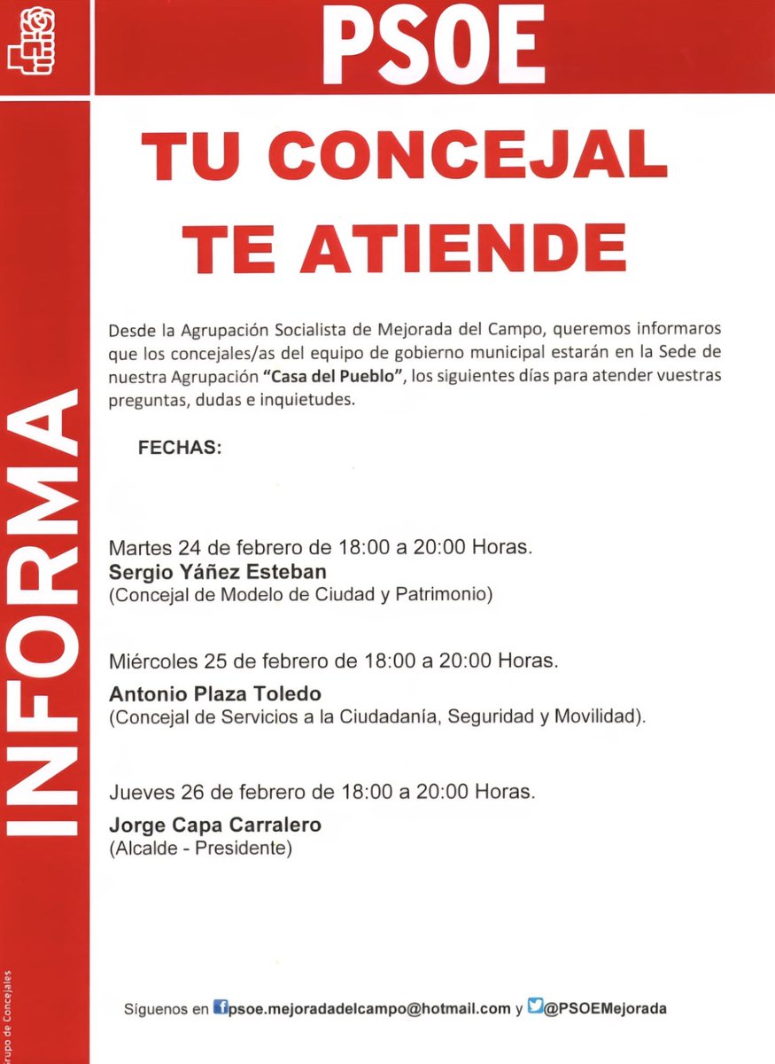 🌹 Tu concejal y tu alcalde te atienden.

📌 Los concejales/as del Equipo de Gobierno socialista y nuestro alcalde atenderán vuestras preguntas, dudas e inquietudes en nuestra Agrupación “Casa del Pueblo”, cada tarde de 18 a 20 h.