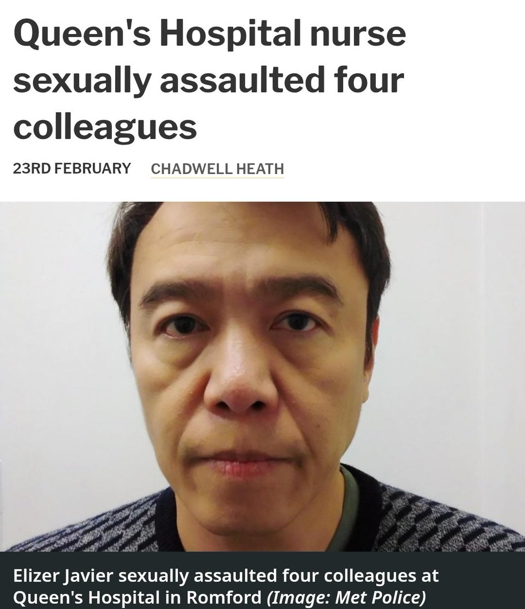 🚨⚠️ SICKENING LENIENCY 

An NHS senior male nurse who sexually assaulted 4 female colleagues has walked free.

Elizer Javier, 55, targeted and assaulted the women on busy wards in rooms where vulnerable patients were treated at Romford Hospital between 2023-2024.

His disgusting