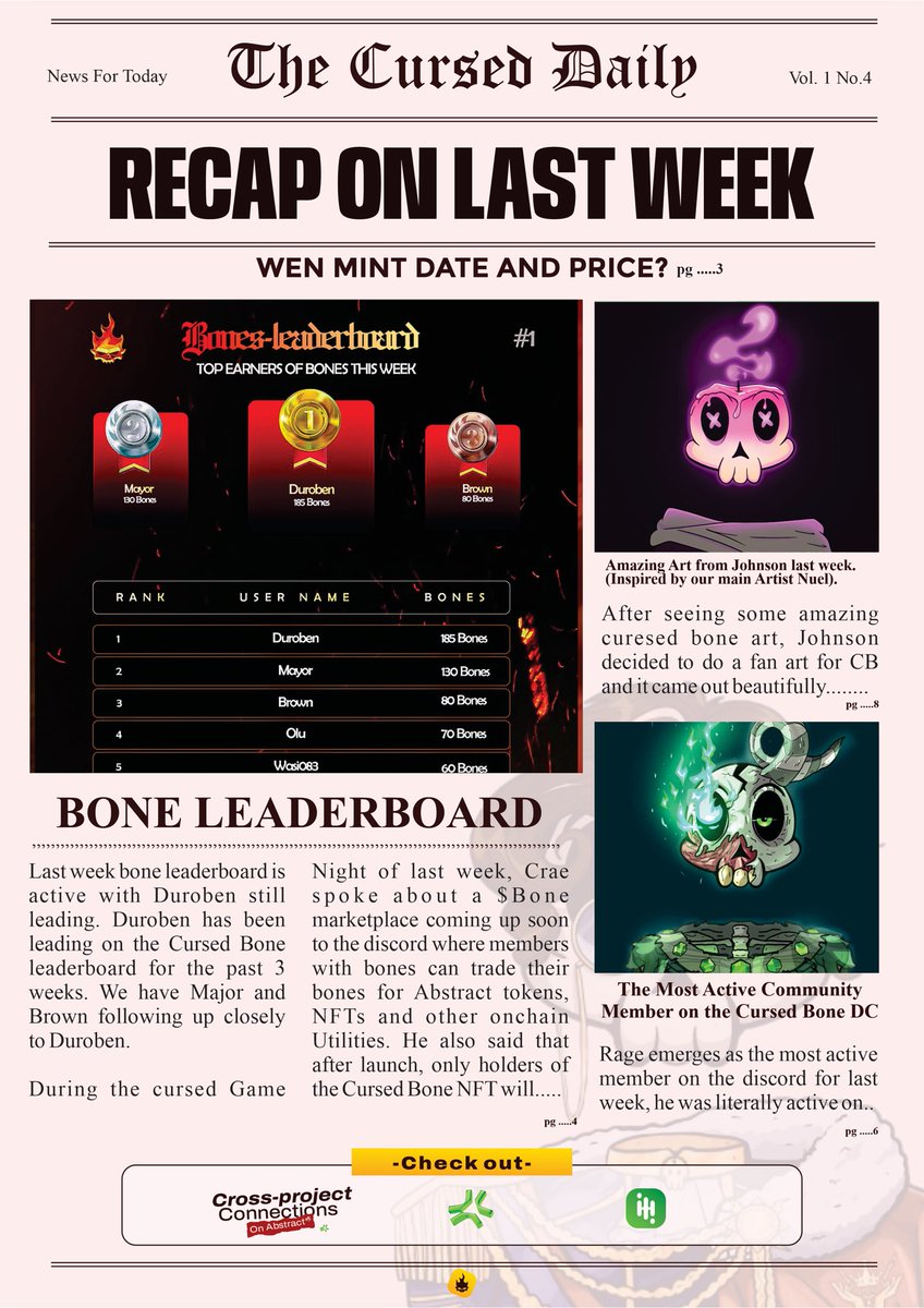 cursedbones_'s tweet photo. 𝙏𝙝𝙚 𝘾𝙪𝙧𝙨𝙚𝙙 𝘿𝙖𝙞𝙡𝙮’𝙨: 𝙇𝙖𝙨𝙩 𝙬𝙚𝙚𝙠 𝙧𝙚𝙫𝙞𝙚𝙬𝙨. 💀

Last week in the Cursed Bones community was a strong one.

The leaderboard saw some serious competition. @durobenj is currently leading with 185 $Bones. Major is right behind with 130 Bones, and @BrownMeta_ holds 80 Bones. The grind is getting more intense as everyone pushes to climb higher.

During the Curse Game Night, @Cyra_tivity shared an important update about the Cursed Bones universe. A marketplace is coming soon. This marketplace will allow community members to exchange their CBXP (Bones) for tokens, NFTs on Abstract, and other on-chain rewards.

He also mentioned that after mint, only holders will be able to earn CBXP and use it in the marketplace. So being a holder will come with real benefits.

On the creative side, @C_johnson005’s fan art stood out. He said he was inspired by the official Cursed Bones artist, and the effort showed in his work.

Meanwhile, @REGAR_EHT was the most active community member on Discord last week, keeping the energy alive.

And of course, the big questions remain:
Wen mint?
Wen mint price?

Those active on Discord already have some idea, and a general announcement will be coming soon.

Stay active. Stay engaged.
Stay cursed. 💀