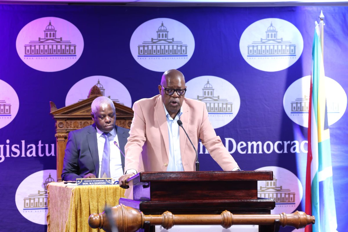 FSTreasury's tweet photo. Today 24 February 2026, Free State MEC for Finance, Economic development and Tourism Ketso Makume tabled the 2025 and 2026 second adjustment budget at legislature. https://t.co/giy6yzEgro