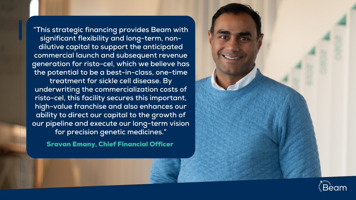 BeamTx's tweet photo. Today, Beam announced that it has entered into a strategic financing agreement with Sixth Street for substantial, long-term, non-dilutive capital to fund the potential launch of ristoglogene autogetemcel (risto-cel) in sickle cell disease. https://t.co/I4OE7wr9qX