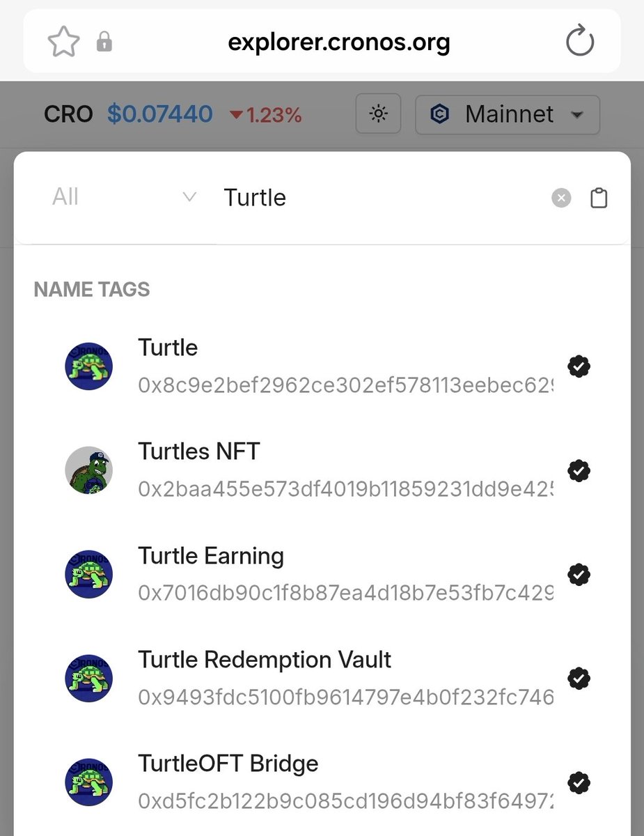TurtleonCro's tweet image. Thank you, @CronosApp, for making #CronosExplorer great! It is easier than ever to track official $TURTLE contracts on #CronosChain! It's all in the details #crofam 🐢