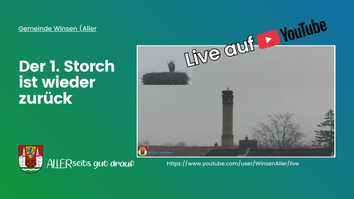 Der erste Storch ist zurück.
Der Nest-Livestream ist wieder aktiv: url.winsen-aller.de/storchencam

#GemeindeWinsenAller #WinsenAller #Storch #Livestream #Natur