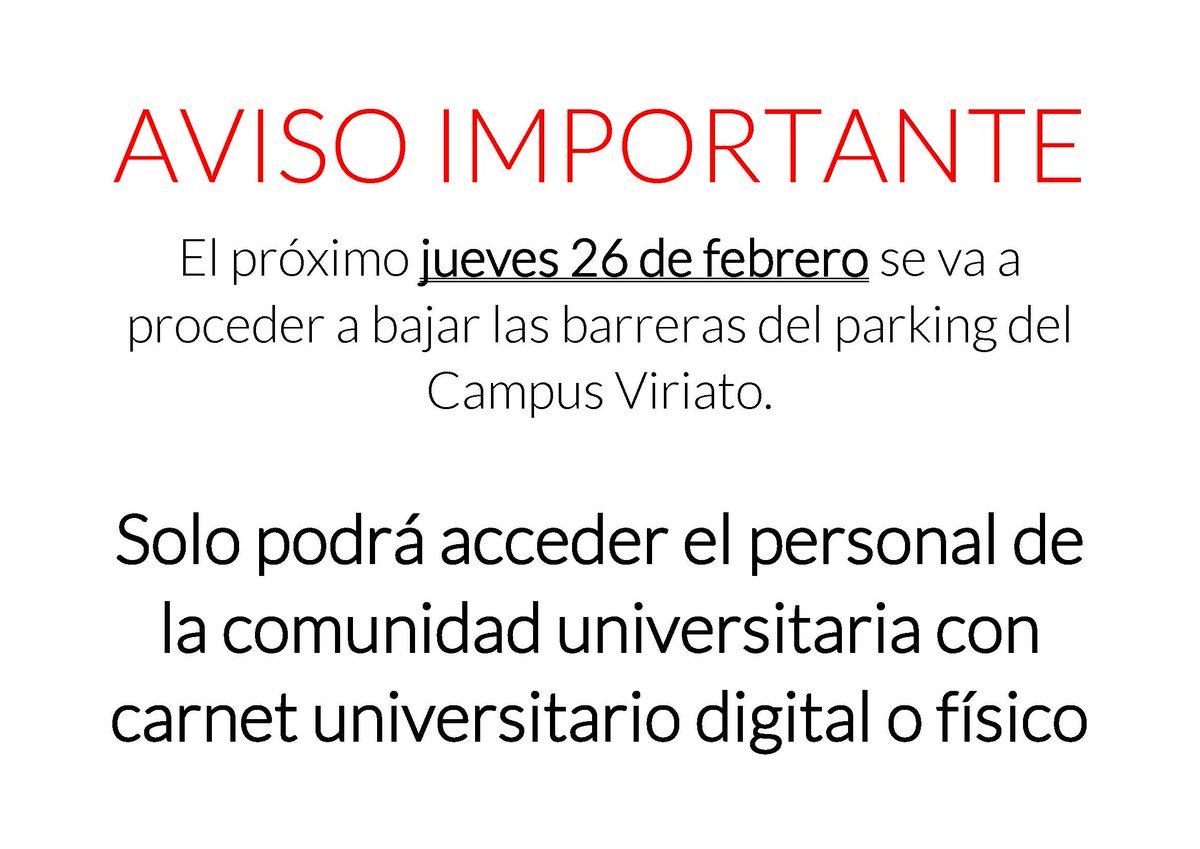 📢¡¡NO LO OLVIDES!! 
A partir del próximo jueves necesitarás tu carné universitario digital o físico para acceder al aparcamiento del Campus Viriato de Zamora.