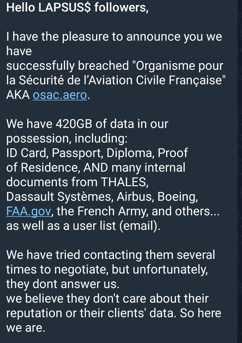 Foutu pour foutu... le groupe cybercriminel Lapsus$ a diffusé gratuitement 420Go de données de l'organisme pour la sécurité de l'aviation civile française...

420 Go de données :
👉🏾 cartes d’identité
👉🏾 passeports
👉🏾 diplômes
👉🏾 justificatifs de domicile
👉🏾 documents internes 
👉🏾