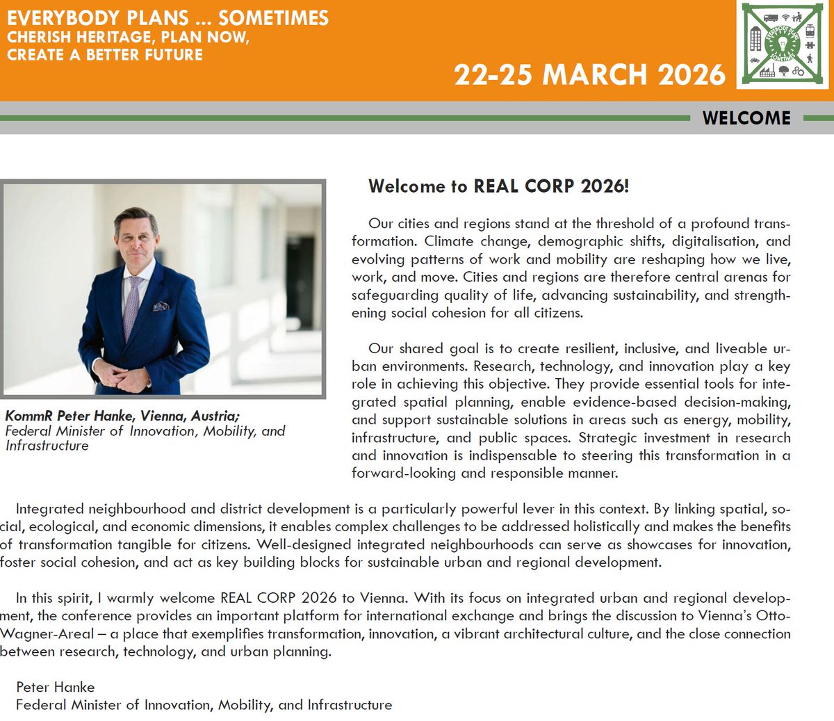 manfred_schrenk's tweet photo. [REAL CORP 2026] 22-25 March 2026, Vienna, Austria PROGRAM https://t.co/8doc965icL
#RealCorp2026 #CORP #VisionEducation #UrbanPlanning #SmartCities #DigitalHumanism #Vienna #ClimateNeutralCity #UrbanInnovation #Mobility #DigitalTwin #UrbanAI #LivableCities #IUPF #ISOCARP https://t.co/aiK76jyH4k