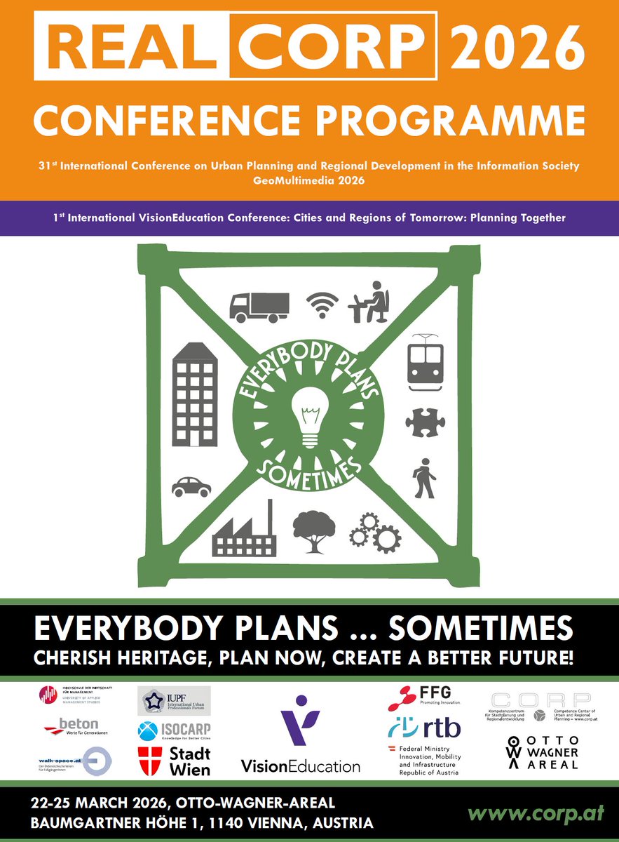 manfred_schrenk's tweet photo. [REAL CORP 2026] 22-25 March 2026, Vienna, Austria PROGRAM https://t.co/8doc965icL
#RealCorp2026 #CORP #VisionEducation #UrbanPlanning #SmartCities #DigitalHumanism #Vienna #ClimateNeutralCity #UrbanInnovation #Mobility #DigitalTwin #UrbanAI #LivableCities #IUPF #ISOCARP https://t.co/aiK76jyH4k
