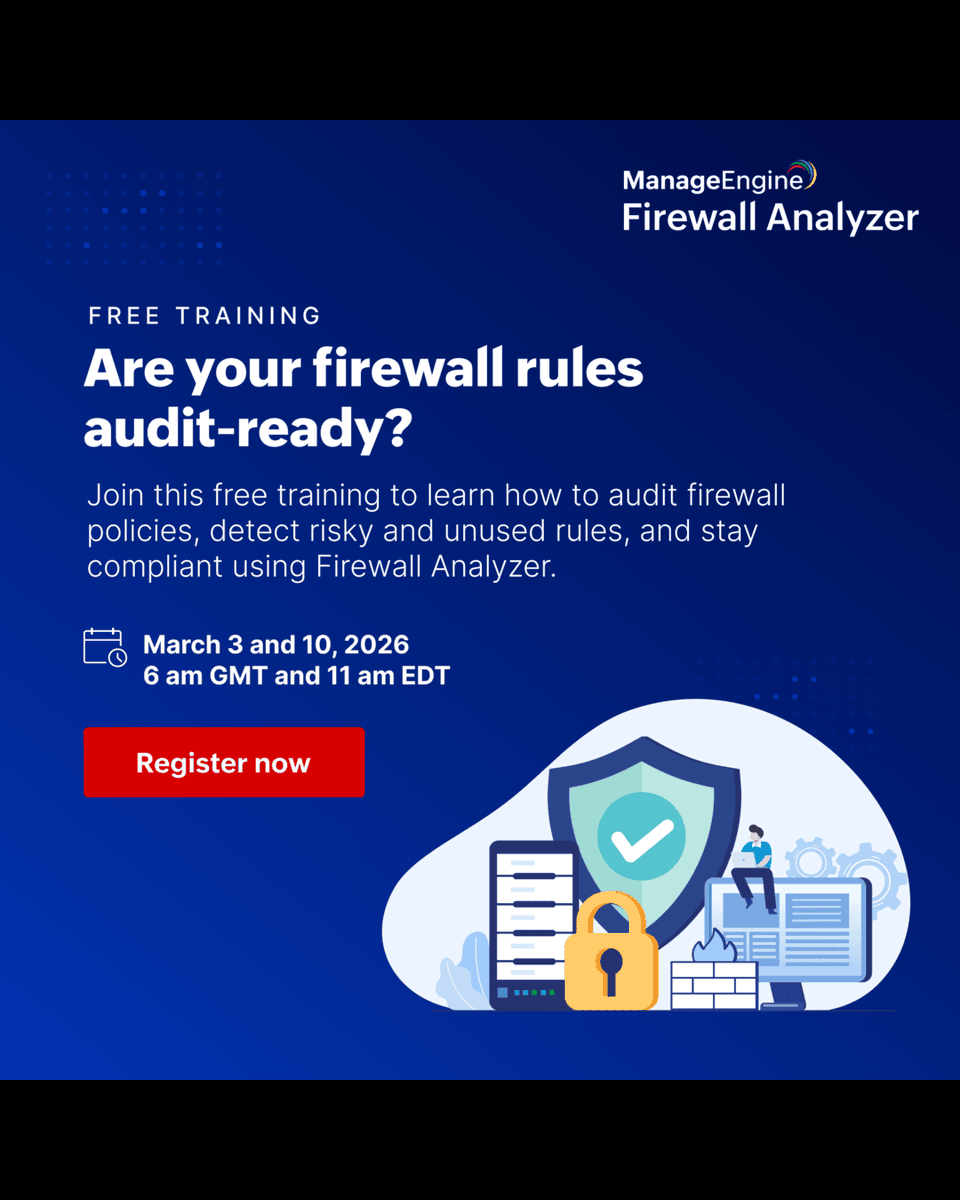 Explore Firewall Analyzer in our free training series. zurl.co/mTTMK

Learn how to automate firewall rule administration, and get trained by our experts on how to monitor VPN traffic, VPN security, and user activity. This two-part training course is scheduled on March