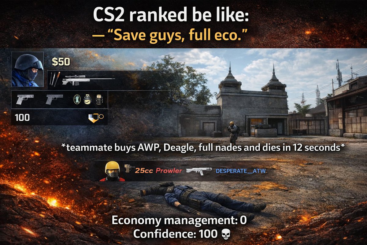 csgocatalog's tweet image. CS2 ranked be like:
 
- “Save guys, full eco.”
teammate buys AWP, Deagle, full nades and dies in 12 seconds

Economy management: 0
 Confidence: 100 💀

#CS2 #CS2Ranked #SoloQueue #EsportsLife