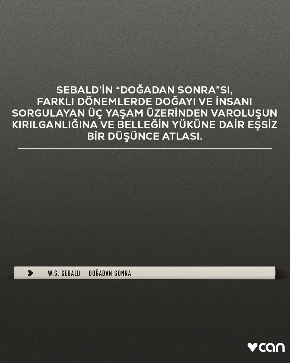 Sebald’in ilkel bir şiir olarak nitelediği “Doğadan Sonra” modern dünyanın karmaşası ve doğa ile insan arasındaki kırılgan ilişkiyi irdeleyen, tarih, doğa ve hafıza üzerine derin bir tefekkür.

canyayinlari.com’da ve bu haftadan itibaren tüm kitapçılarda.

Çeviri: Nihat
