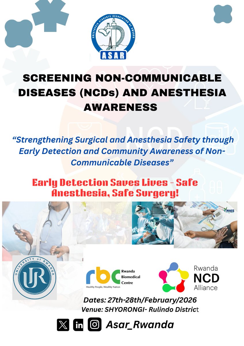#ASAR in partnership with <a href="/UCmhs/">UR-CMHS</a> ,<a href="/RBCRwanda/">Rwanda Biomedical Centre</a> and <a href="/RwandaNCDA/">Rwanda NCD Alliance</a> , We will Screen NCDs + Anesthesia Awareness 🏥
Get screened. Get informed. Stay safe. At <a href="/shyorongisect/">SHYORONGI SECTOR - RULINDO</a>
<a href="/rulindodistrict/">Rulindo District</a>  27–28 Feb 2026 | 
#NCDScreening, #AnesthesiaAwareness #SafeAnesthesiaSafeSurgery